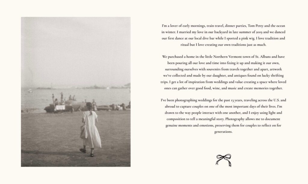 Katie McCuin website: the About section beside a film photograph