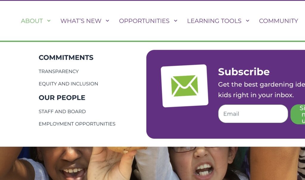 KidsGardening website: the About mega menu with a subscribe panel